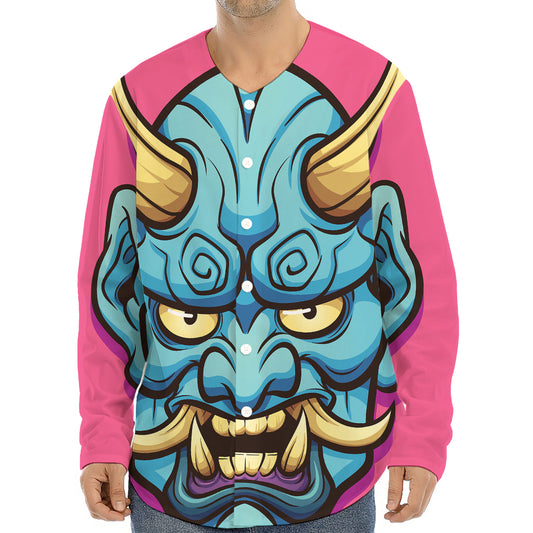 Blue Japanese Demon Print Long Sleeve Baseball Jersey