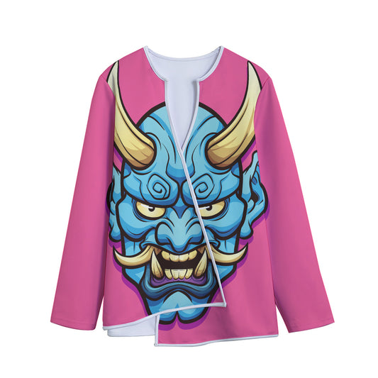 Blue Japanese Demon Print Long Sleeve Short Coat