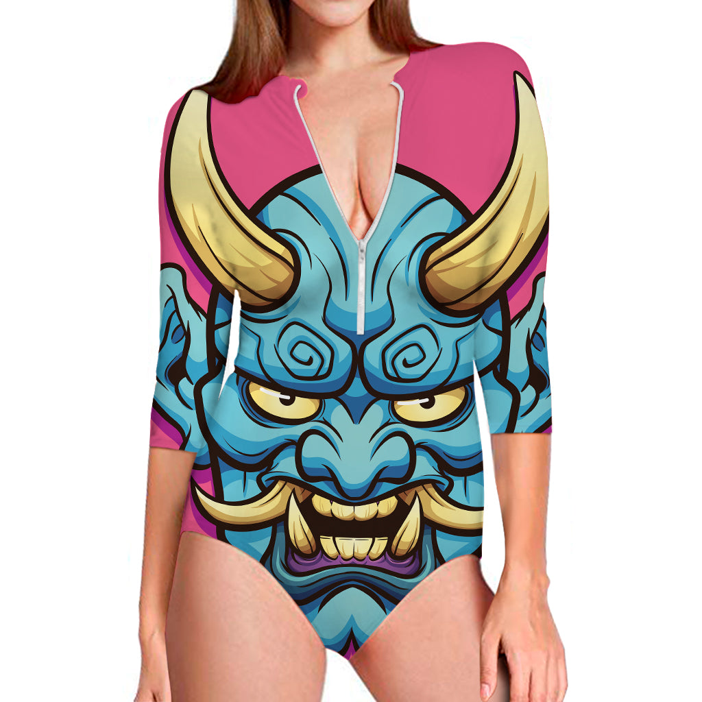 Blue Japanese Demon Print Long Sleeve Swimsuit