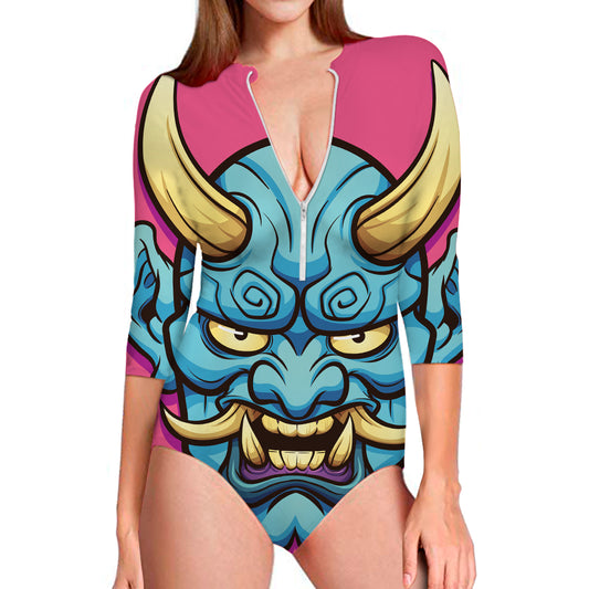 Blue Japanese Demon Print Long Sleeve Swimsuit