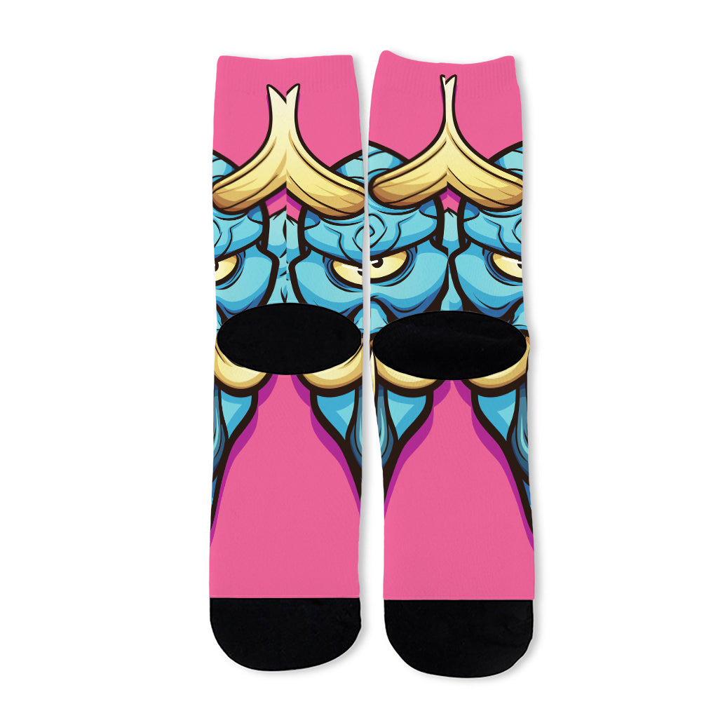 Blue Japanese Demon Print Long Socks