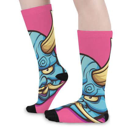 Blue Japanese Demon Print Long Socks