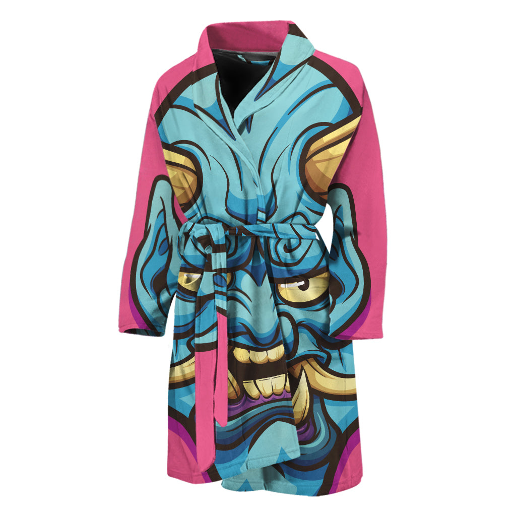 Blue Japanese Demon Print Men's Bathrobe