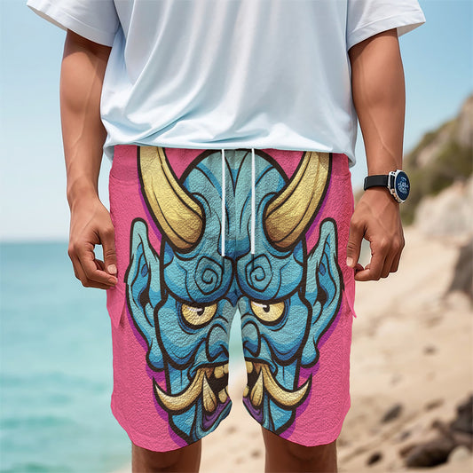 Blue Japanese Demon Print Men's Cargo Shorts