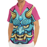 Blue Japanese Demon Print Men's Deep V-Neck Shirt