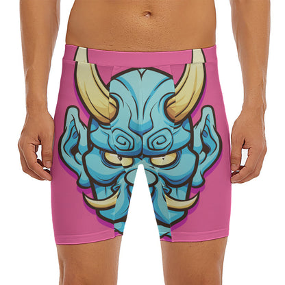 Blue Japanese Demon Print Men's Long Boxer Briefs