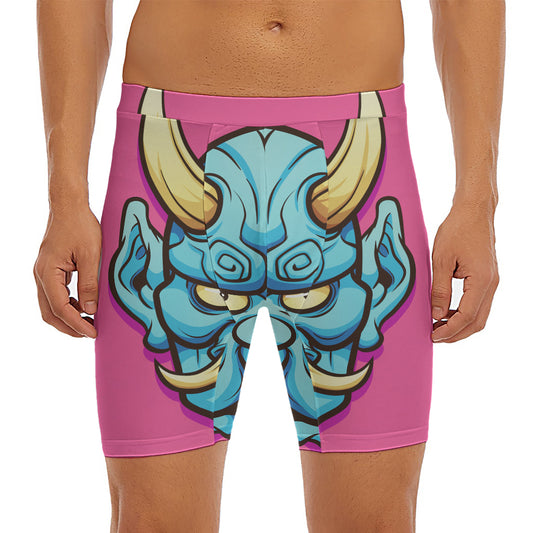 Blue Japanese Demon Print Men's Long Boxer Briefs