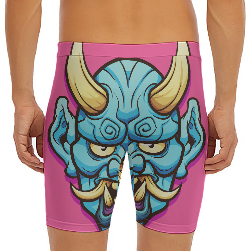 Blue Japanese Demon Print Men's Long Boxer Briefs