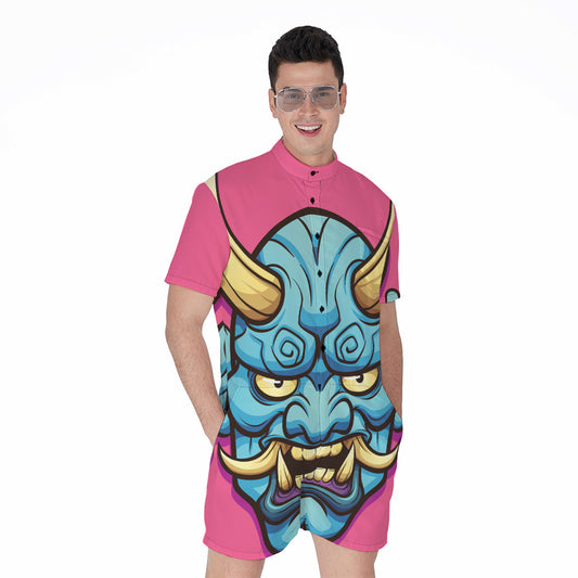 Blue Japanese Demon Print Men's Rompers