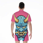 Blue Japanese Demon Print Men's Rompers