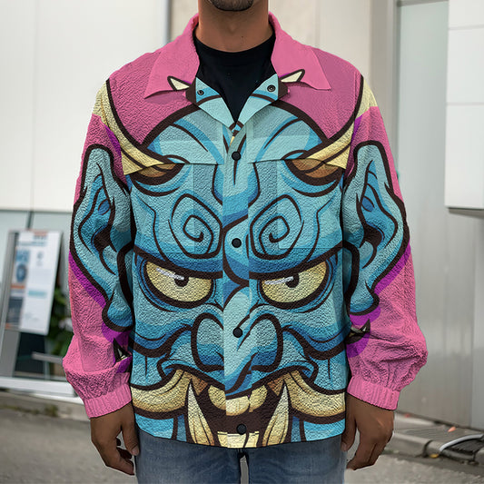 Blue Japanese Demon Print Men's Shirt Jacket