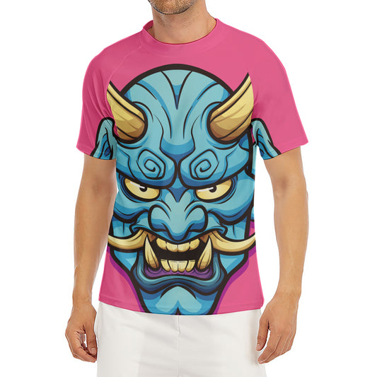 Blue Japanese Demon Print Men's Short Sleeve Rash Guard