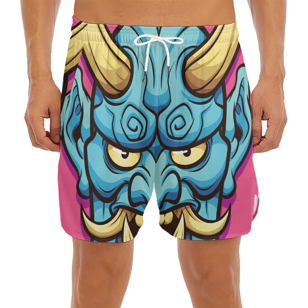 Blue Japanese Demon Print Men's Split Running Shorts