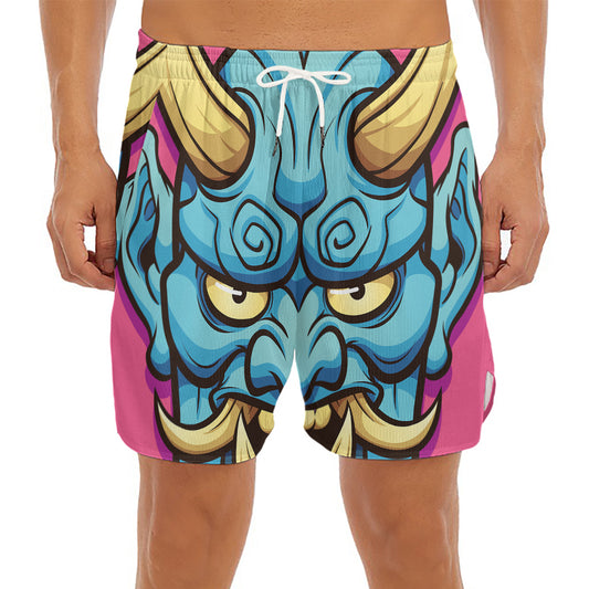 Blue Japanese Demon Print Men's Split Running Shorts