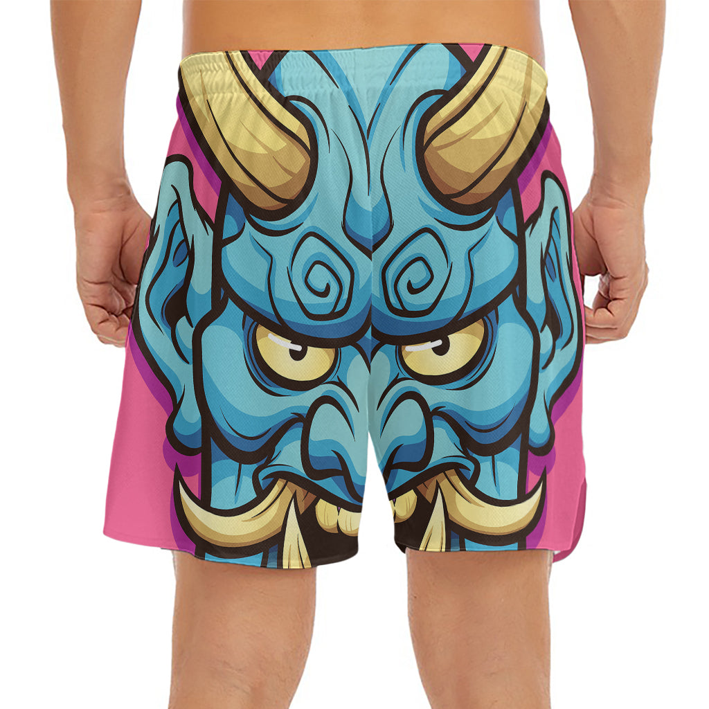 Blue Japanese Demon Print Men's Split Running Shorts