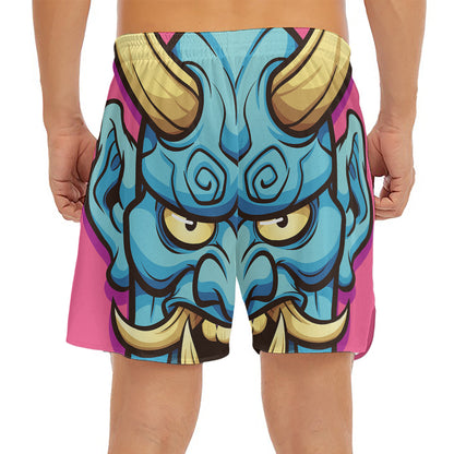 Blue Japanese Demon Print Men's Split Running Shorts