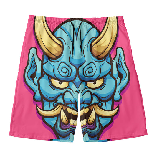 Blue Japanese Demon Print Men's Swim Trunks