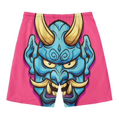 Blue Japanese Demon Print Men's Swim Trunks