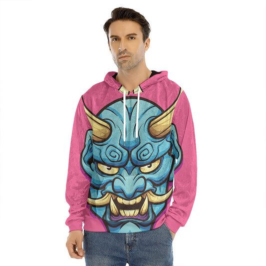 Blue Japanese Demon Print Men's Velvet Pullover Hoodie