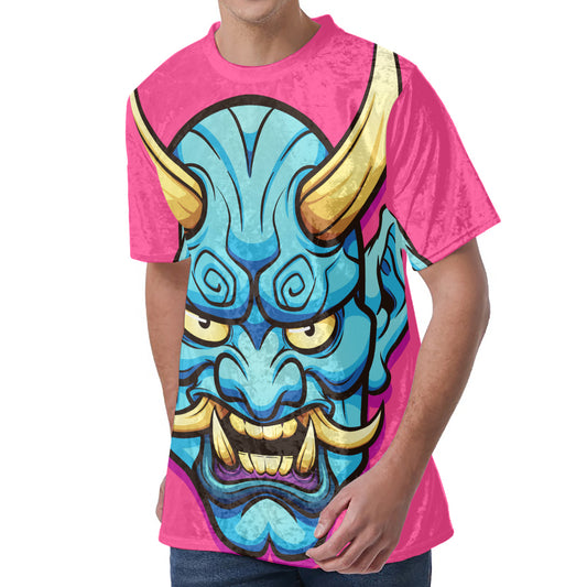 Blue Japanese Demon Print Men's Velvet T-Shirt