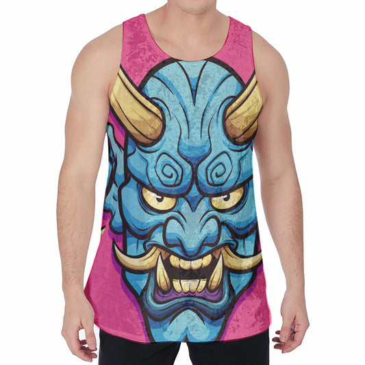 Blue Japanese Demon Print Men's Velvet Tank Top