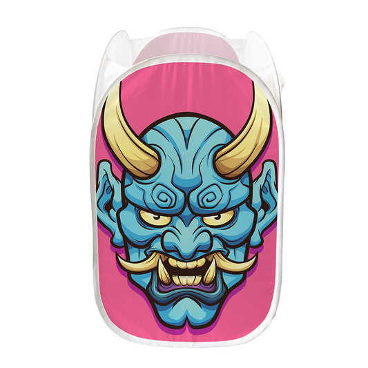 Blue Japanese Demon Print Mesh Laundry Hamper
