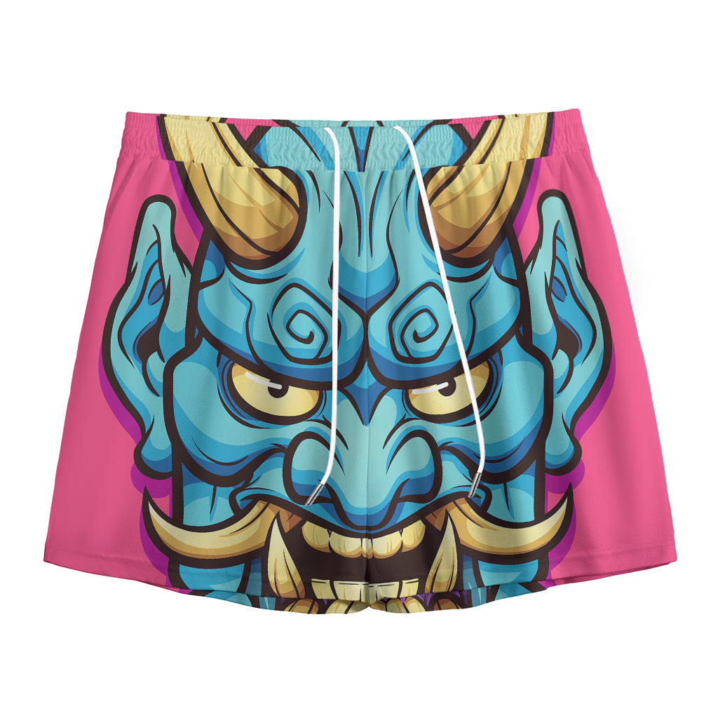 Blue Japanese Demon Print Mesh Shorts