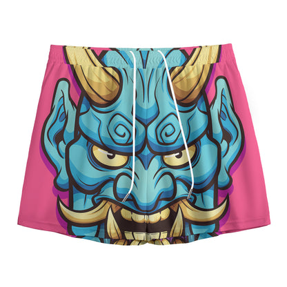 Blue Japanese Demon Print Mesh Shorts