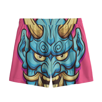 Blue Japanese Demon Print Mesh Shorts