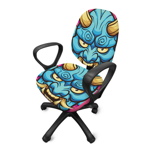 Blue Japanese Demon Print Office Chair Cover
