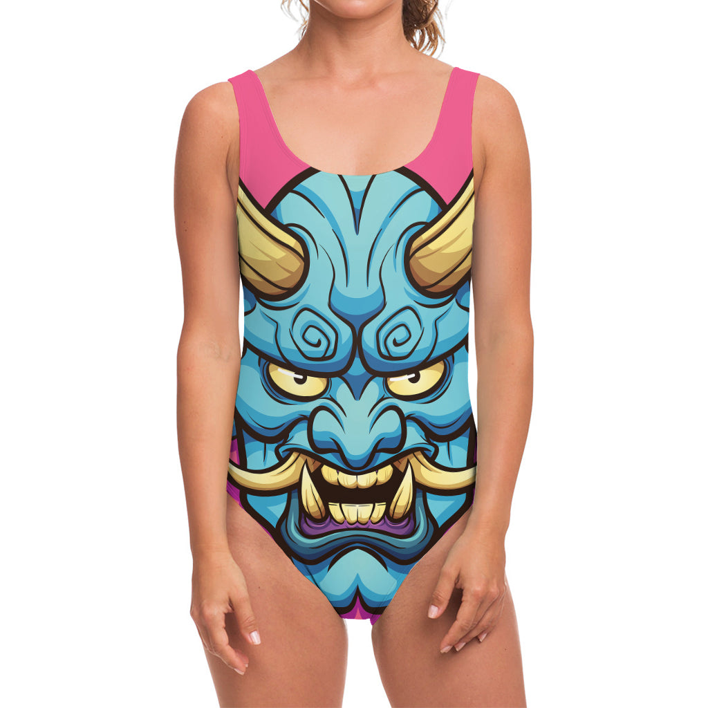 Blue Japanese Demon Print One Piece Swimsuit