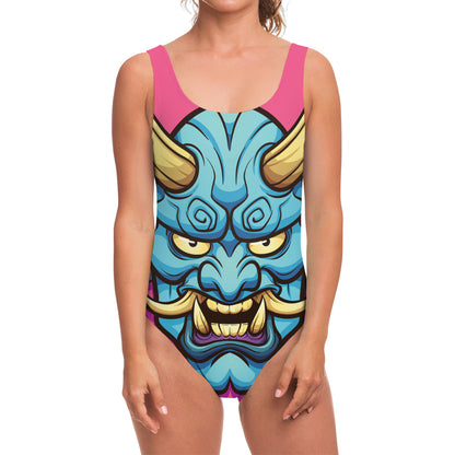Blue Japanese Demon Print One Piece Swimsuit