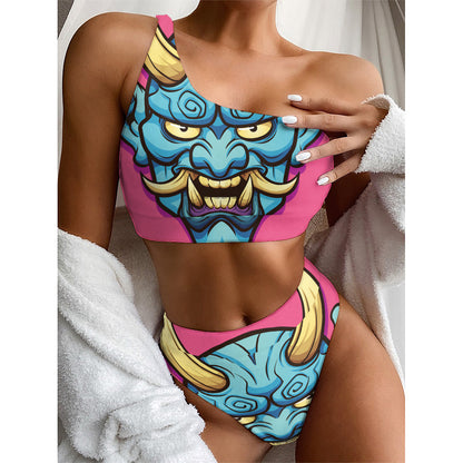 Blue Japanese Demon Print One Shoulder Bikini Top