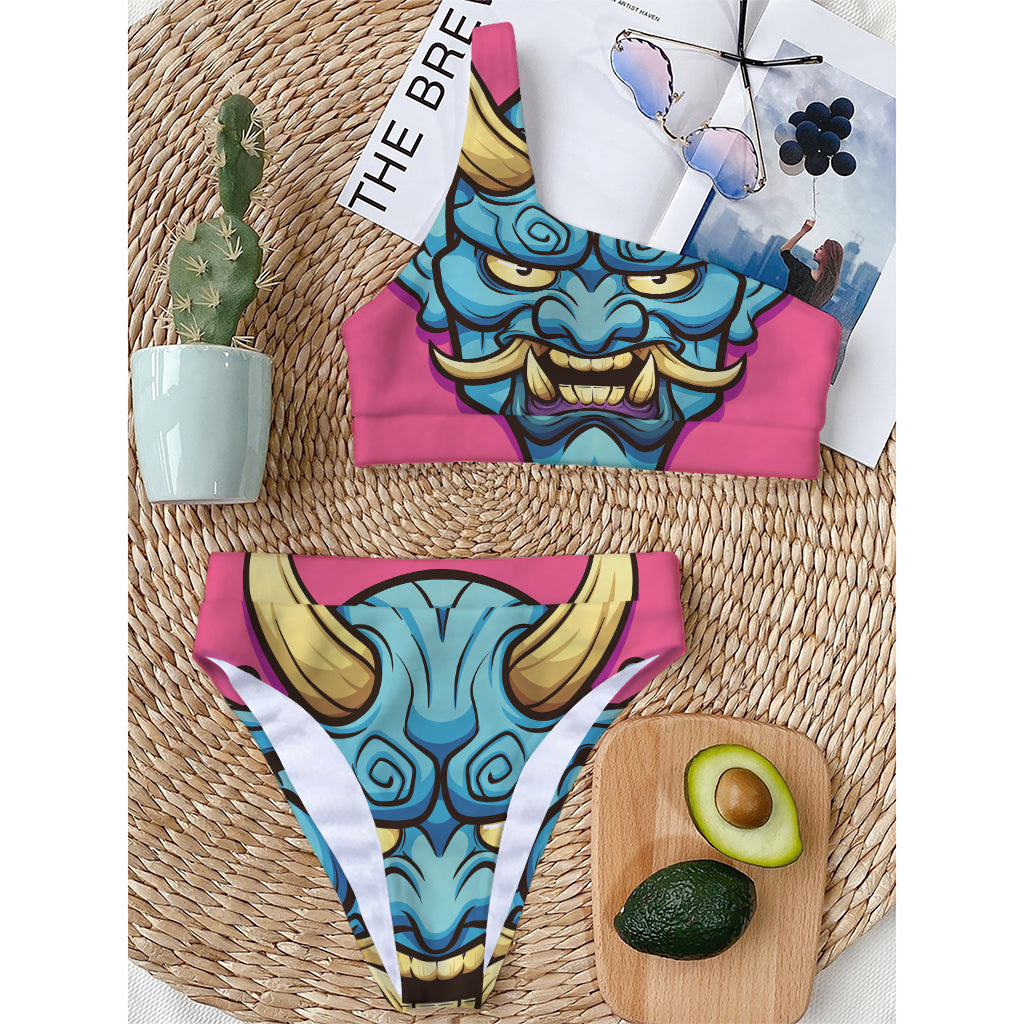 Blue Japanese Demon Print One Shoulder Bikini Top