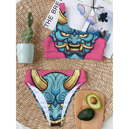 Blue Japanese Demon Print One Shoulder Bikini Top