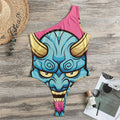 Blue Japanese Demon Print One Shoulder Bodysuit