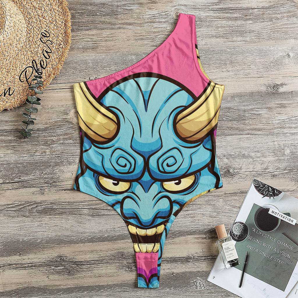 Blue Japanese Demon Print One Shoulder Bodysuit