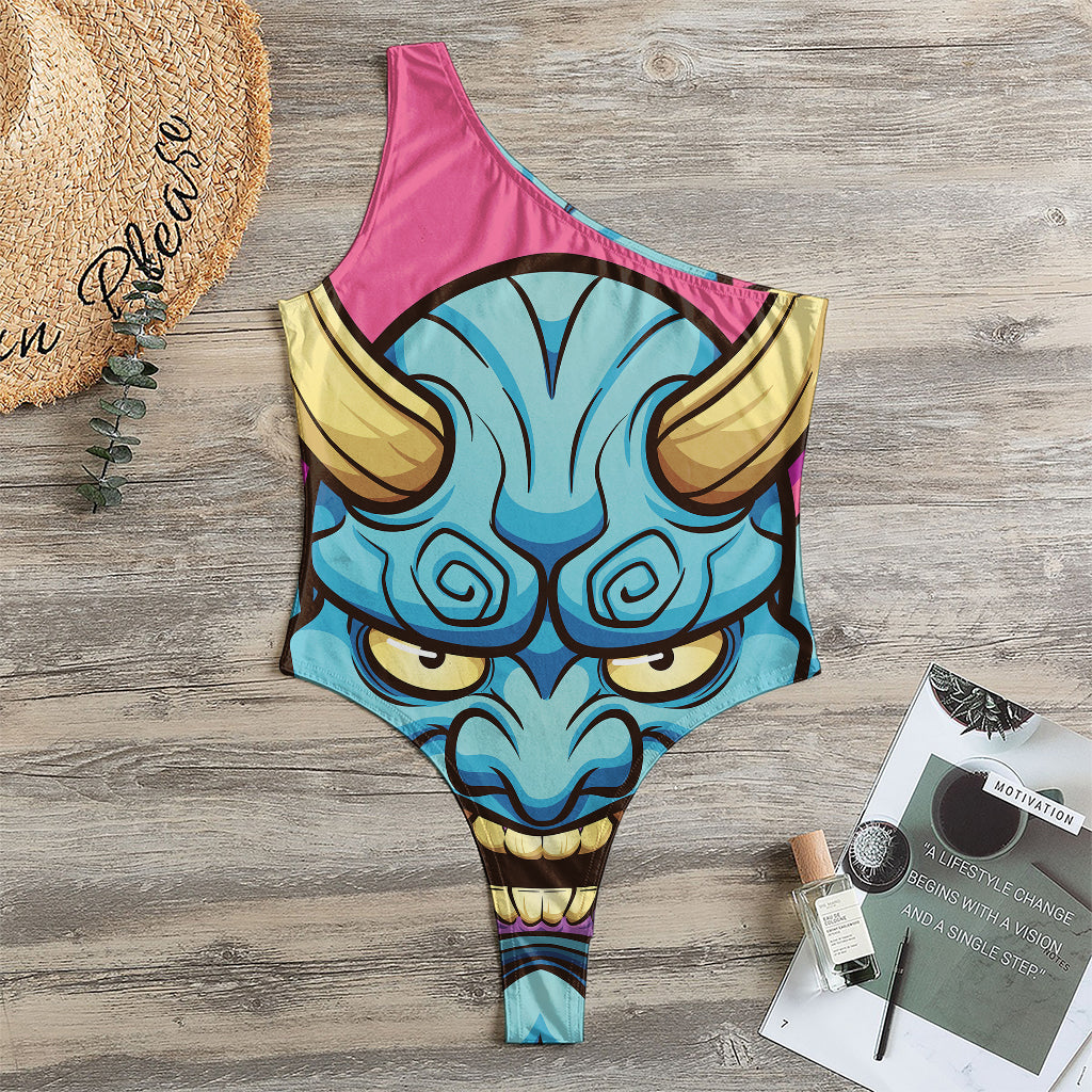Blue Japanese Demon Print One Shoulder Bodysuit