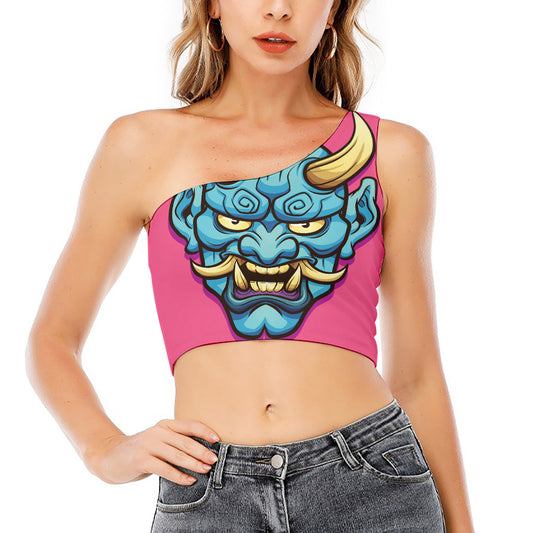 Blue Japanese Demon Print One Shoulder Crop Top