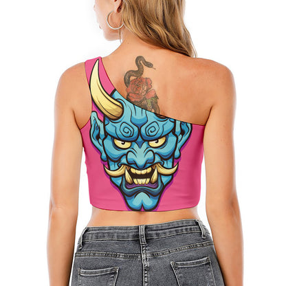 Blue Japanese Demon Print One Shoulder Crop Top