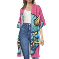 Blue Japanese Demon Print Open Front Beach Cover Up