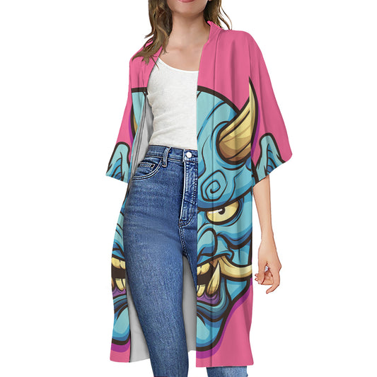 Blue Japanese Demon Print Open Front Beach Cover Up