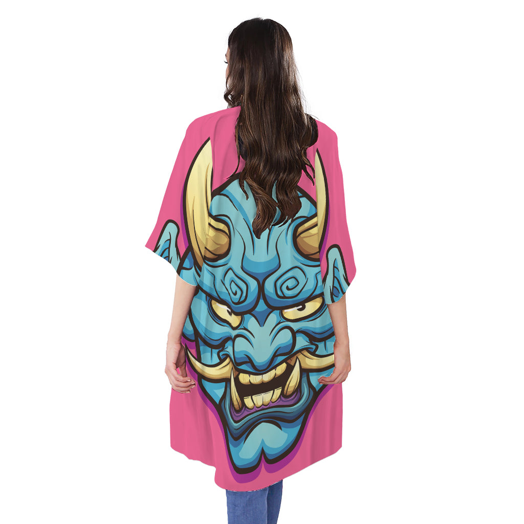 Blue Japanese Demon Print Open Front Beach Cover Up