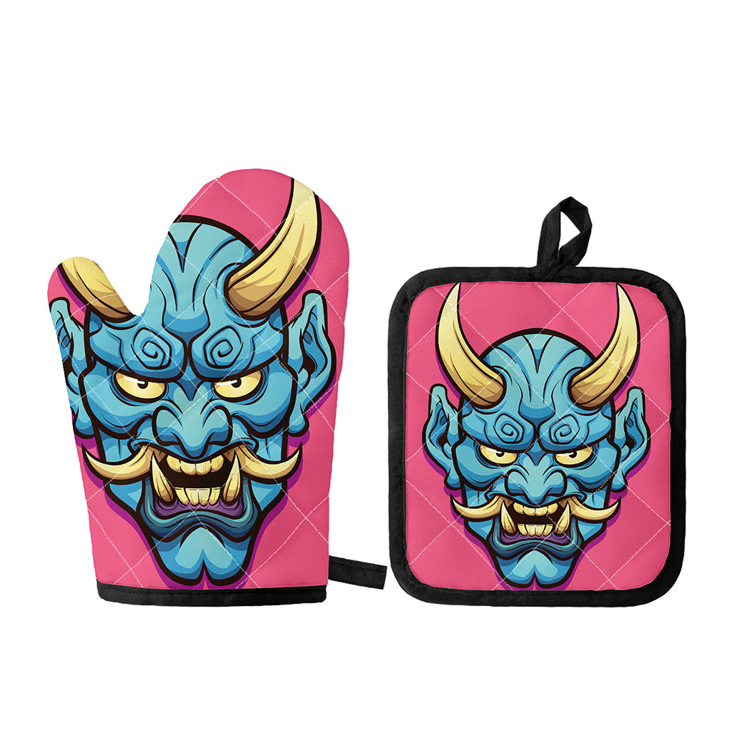 Blue Japanese Demon Print Oven Mitt And Pot Holder Set