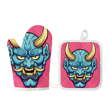 Blue Japanese Demon Print Oven Mitt And Pot Holder Set