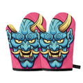 Blue Japanese Demon Print Oven Mitts