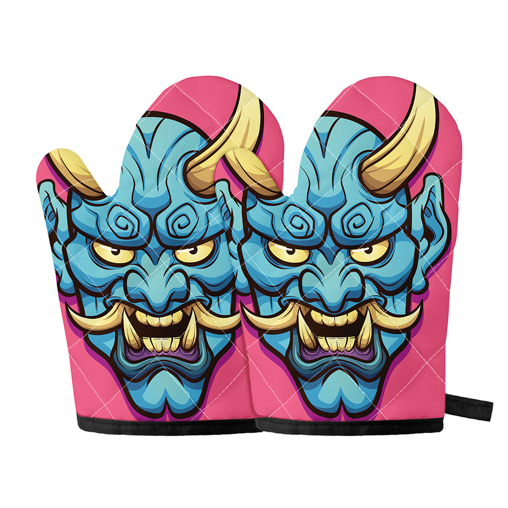 Blue Japanese Demon Print Oven Mitts