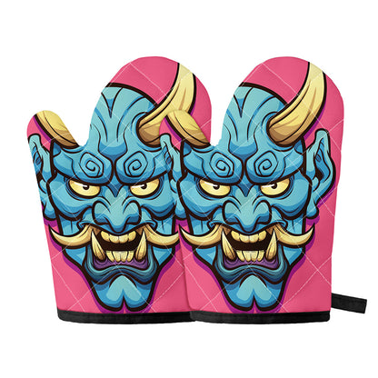 Blue Japanese Demon Print Oven Mitts