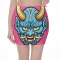 Blue Japanese Demon Print Pencil Mini Skirt