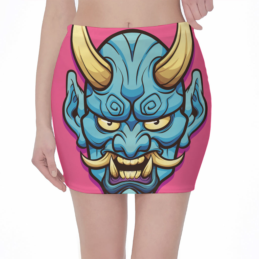 Blue Japanese Demon Print Pencil Mini Skirt